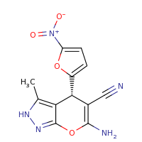 2d structure of (4R)-6-amino-3-methyl-4-(5-nitrofuran-2-yl)-2H,4H-pyrano[2,3-c]pyrazole-5-carbonitrile