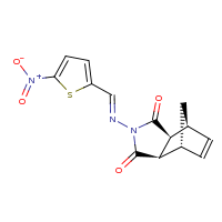 2d structure of (1R,2R,6S,7S)-4-[(E)-[(5-nitrothiophen-2-yl)methylidene]amino]-4-azatricyclo[5.2.1.0^{2,6}]dec-8-ene-3,5-dione