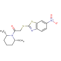 2d structure of 1-[(2R,6S)-2,6-dimethylpiperidin-1-yl]-2-[(6-nitro-1,3-benzothiazol-2-yl)sulfanyl]ethan-1-one