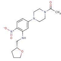 2d structure of 1-[4-(4-nitro-3-{[(2R)-oxolan-2-ylmethyl]amino}phenyl)piperazin-1-yl]ethan-1-one