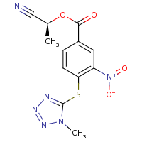 2d structure of (1S)-1-cyanoethyl 4-[(1-methyl-1H-1,2,3,4-tetrazol-5-yl)sulfanyl]-3-nitrobenzoate