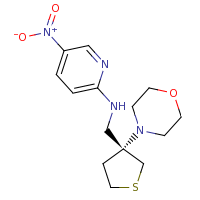 2d structure of N-{[(3R)-3-(morpholin-4-yl)thiolan-3-yl]methyl}-5-nitropyridin-2-amine