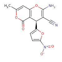2d structure of (4R)-2-amino-7-methyl-4-(5-nitrofuran-2-yl)-5-oxo-4H,5H-pyrano[4,3-b]pyran-3-carbonitrile