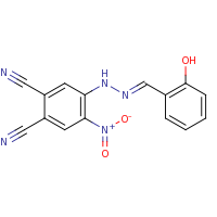 2d structure of 4-[(E)-2-[(2-hydroxyphenyl)methylidene]hydrazin-1-yl]-5-nitrobenzene-1,2-dicarbonitrile