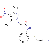2d structure of N-{2-[(cyanomethyl)sulfanyl]phenyl}-2-(3,5-dimethyl-4-nitro-1H-pyrazol-1-yl)acetamide