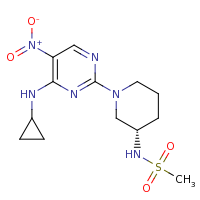 2d structure of N-[(3S)-1-[4-(cyclopropylamino)-5-nitropyrimidin-2-yl]piperidin-3-yl]methanesulfonamide