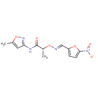 2d structure of (2R)-N-(5-methyl-1,2-oxazol-3-yl)-2-{[(E)-[(5-nitrofuran-2-yl)methylidene]amino]oxy}propanamide