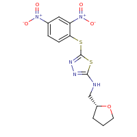 2d structure of 5-[(2,4-dinitrophenyl)sulfanyl]-N-[(2R)-oxolan-2-ylmethyl]-1,3,4-thiadiazol-2-amine