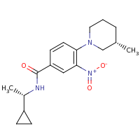 2d structure of N-[(1S)-1-cyclopropylethyl]-4-[(3S)-3-methylpiperidin-1-yl]-3-nitrobenzamide