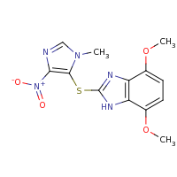 2d structure of 4,7-dimethoxy-2-[(1-methyl-4-nitro-1H-imidazol-5-yl)sulfanyl]-1H-1,3-benzodiazole