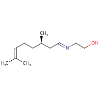 2d structure of 2-[(E)-[(3R)-3,7-dimethyloct-6-en-1-ylidene]amino]ethan-1-ol