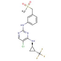 2d structure of 5-chloro-2-N-[3-(methanesulfonylmethyl)phenyl]-4-N-[(1R,2R)-2-(trifluoromethyl)cyclopropyl]pyrimidine-2,4-diamine