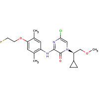 2d structure of 5-chloro-1-[(1R)-1-cyclopropyl-2-methoxyethyl]-3-{[4-(2-fluoroethoxy)-2,5-dimethylphenyl]amino}-1,2-dihydropyrazin-2-one