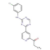 2d structure of 1-(4-{4-[(3-chlorophenyl)amino]-1,3,5-triazin-2-yl}pyridin-2-yl)propan-1-one