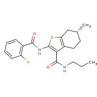 2d structure of (6R)-2-C-(2-fluorobenzene)-6-methyl-3-N-propyl-4,5,6,7-tetrahydro-1-benzothiophene-2,3-diamido