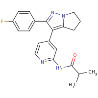 2d structure of N-{4-[2-(4-fluorophenyl)-4H,5H,6H-pyrrolo[1,2-b]pyrazol-3-yl]pyridin-2-yl}-2-methylpropanamide