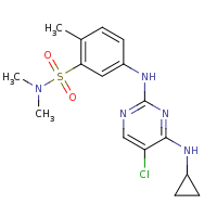 2d structure of 5-{[5-chloro-4-(cyclopropylamino)pyrimidin-2-yl]amino}-N,N,2-trimethylbenzene-1-sulfonamide
