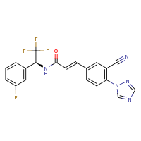 2d structure of (2E)-3-[3-cyano-4-(1H-1,2,4-triazol-1-yl)phenyl]-N-[(1S)-2,2,2-trifluoro-1-(3-fluorophenyl)ethyl]prop-2-enamide