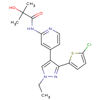 2d structure of N-{4-[3-(5-chlorothiophen-2-yl)-1-ethyl-1H-pyrazol-4-yl]pyridin-2-yl}-2-hydroxy-2-methylpropanamide