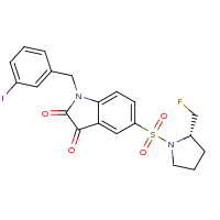 2d structure of 5-[(2S)-2-(fluoromethyl)pyrrolidine-1-sulfonyl]-1-[(3-iodophenyl)methyl]-2,3-dihydro-1H-indole-2,3-dione