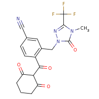 2d structure of 4-[(2,6-dioxocyclohexyl)carbonyl]-3-{[4-methyl-5-oxo-3-(trifluoromethyl)-4,5-dihydro-1H-1,2,4-triazol-1-yl]methyl}benzonitrile