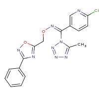 2d structure of (Z)-[(6-chloropyridin-3-yl)(5-methyl-1H-1,2,3,4-tetrazol-1-yl)methylidene][(3-phenyl-1,2,4-oxadiazol-5-yl)methoxy]amine