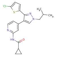 2d structure of N-{4-[3-(5-chlorothiophen-2-yl)-1-(2-methylpropyl)-1H-pyrazol-4-yl]pyridin-2-yl}cyclopropanecarboxamide