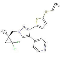 2d structure of 4-(1-{[(1S)-2,2-dichloro-1-methylcyclopropyl]methyl}-3-[5-(ethenylsulfanyl)thiophen-2-yl]-1H-pyrazol-4-yl)pyridine
