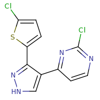 2d structure of 2-chloro-4-[3-(5-chlorothiophen-2-yl)-1H-pyrazol-4-yl]pyrimidine