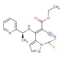 2d structure of ethyl (2Z)-2-cyano-3-[1-(difluoromethyl)-1H-pyrazol-5-yl]-3-{[(1S)-1-(pyridin-2-yl)ethyl]amino}prop-2-enoate