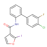 2d structure of N-[2-(4-chloro-3-fluorophenyl)phenyl]-2-iodofuran-3-carboxamide