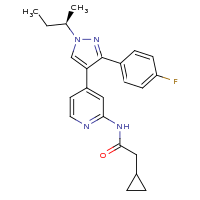 2d structure of N-(4-{1-[(2R)-butan-2-yl]-3-(4-fluorophenyl)-1H-pyrazol-4-yl}pyridin-2-yl)-2-cyclopropylacetamide