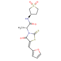 2d structure of (2R)-N-[(3R)-1,1-dioxo-1$l^{6}-thiolan-3-yl]-2-[(5Z)-5-(furan-2-ylmethylidene)-4-oxo-2-sulfanylidene-1,3-thiazolidin-3-yl]propanamide