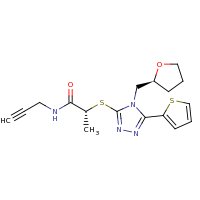 2d structure of (2R)-2-({4-[(2S)-oxolan-2-ylmethyl]-5-(thiophen-2-yl)-4H-1,2,4-triazol-3-yl}sulfanyl)-N-(prop-2-yn-1-yl)propanamide