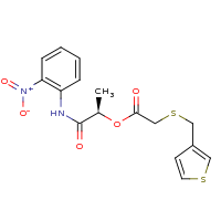 2d structure of (1R)-1-[(2-nitrophenyl)carbamoyl]ethyl 2-[(thiophen-3-ylmethyl)sulfanyl]acetate
