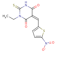 2d structure of (5Z)-1-ethyl-5-[(5-nitrothiophen-2-yl)methylidene]-2-sulfanylidene-1,3-diazinane-4,6-dione