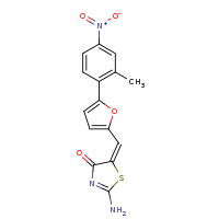 2d structure of (5E)-2-amino-5-{[5-(2-methyl-4-nitrophenyl)furan-2-yl]methylidene}-4,5-dihydro-1,3-thiazol-4-one