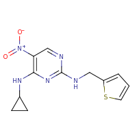 2d structure of 4-N-cyclopropyl-5-nitro-2-N-(thiophen-2-ylmethyl)pyrimidine-2,4-diamine