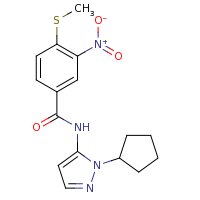 2d structure of N-(1-cyclopentyl-1H-pyrazol-5-yl)-4-(methylsulfanyl)-3-nitrobenzamide