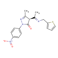 2d structure of (4R)-3-methyl-1-(4-nitrophenyl)-4-[(1E)-1-[(thiophen-2-ylmethyl)imino]ethyl]-4,5-dihydro-1H-pyrazol-5-one