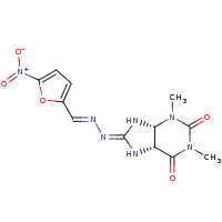 2d structure of (4R,5R,8Z)-1,3-dimethyl-8-[(E)-2-[(5-nitrofuran-2-yl)methylidene]hydrazin-1-ylidene]-octahydro-1H-purine-2,6-dione