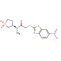2d structure of N-[(3R)-1,1-dioxo-1$l^{6}-thiolan-3-yl]-N-methyl-2-[(6-nitro-1,3-benzothiazol-2-yl)sulfanyl]acetamide