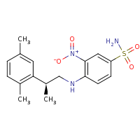 2d structure of 4-{[(2S)-2-(2,5-dimethylphenyl)propyl]amino}-3-nitrobenzene-1-sulfonamide