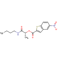 2d structure of (1R)-1-(butylcarbamoyl)ethyl 5-nitro-1-benzothiophene-2-carboxylate