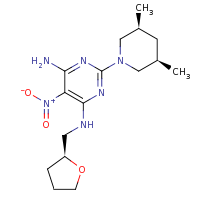 2d structure of 2-[(3R,5S)-3,5-dimethylpiperidin-1-yl]-5-nitro-4-N-[(2S)-oxolan-2-ylmethyl]pyrimidine-4,6-diamine