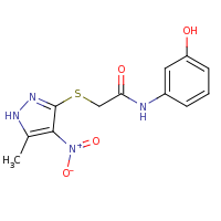 2d structure of N-(3-hydroxyphenyl)-2-[(5-methyl-4-nitro-1H-pyrazol-3-yl)sulfanyl]acetamide
