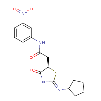 2d structure of 2-[(2Z,5R)-2-(cyclopentylimino)-4-oxo-1,3-thiazolidin-5-yl]-N-(3-nitrophenyl)acetamide