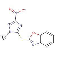 2d structure of 2-[(1-methyl-3-nitro-1H-1,2,4-triazol-5-yl)sulfanyl]-1,3-benzoxazole