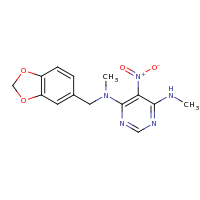 2d structure of 4-N-(2H-1,3-benzodioxol-5-ylmethyl)-4-N,6-N-dimethyl-5-nitropyrimidine-4,6-diamine