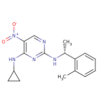 2d structure of 4-N-cyclopropyl-2-N-[(1R)-1-(2-methylphenyl)ethyl]-5-nitropyrimidine-2,4-diamine